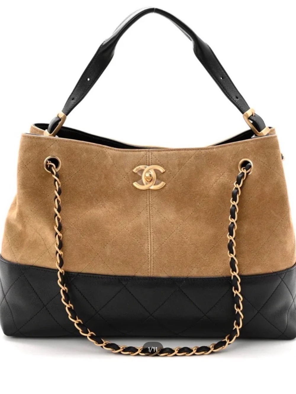 Chanel Suede Quilted large tote Coco Base Shopping Bag Beige Black